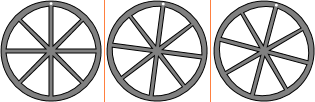 Three frames from an animation of a rotating wheel
