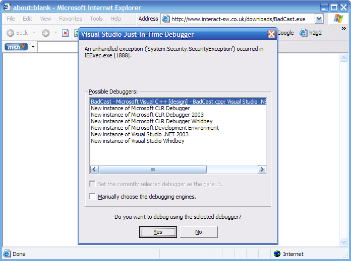 Error window showing a SecurityException